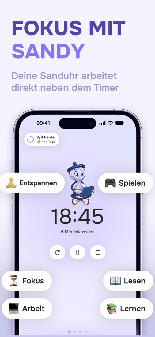 Fokus-Timer mit Sandy, der Sanduhr
