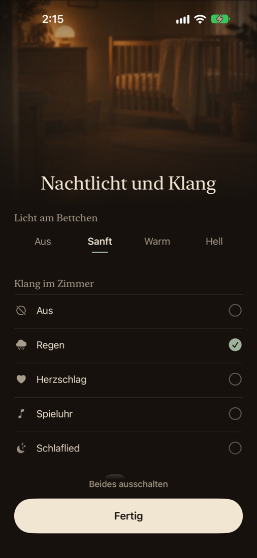 Beruhigende Klänge und Nachtlicht