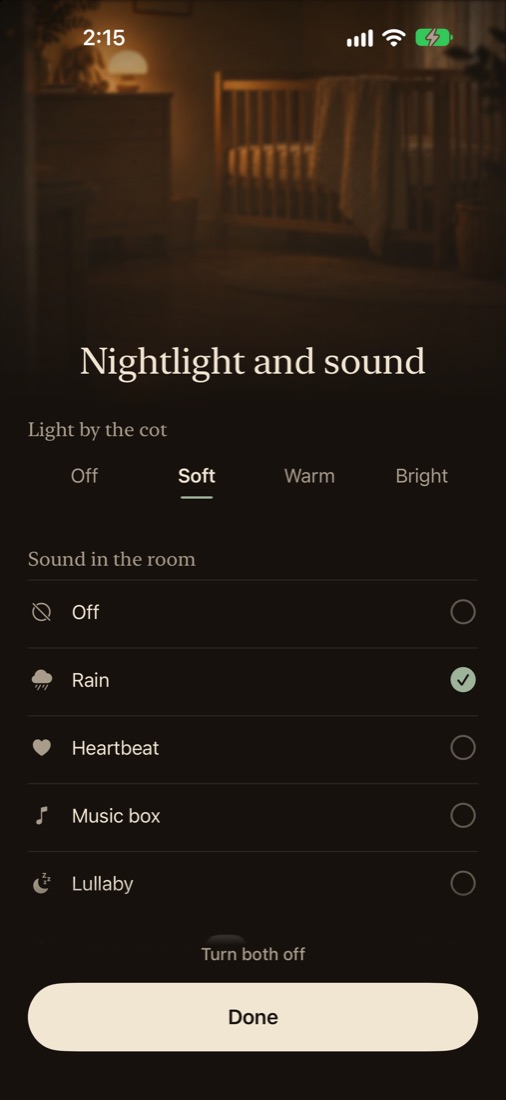 Soothing sounds and night light